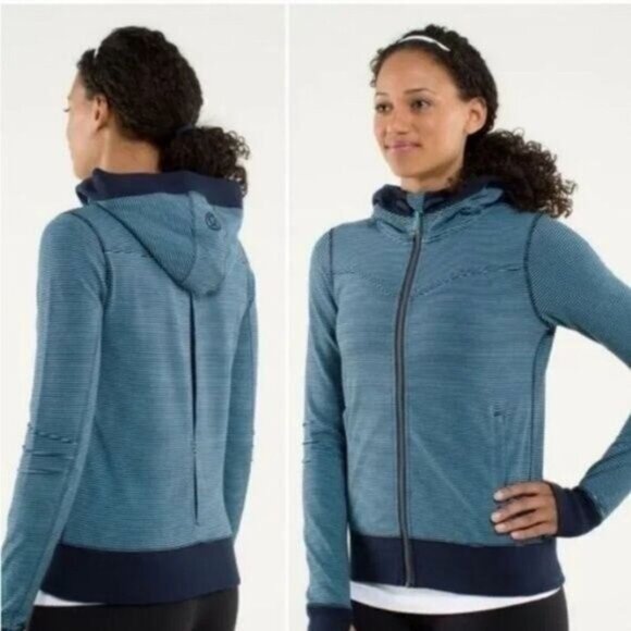 LULULEMON Bliss Break Hoodie Jacket Full-Zip Front Blue Stripe Sz M 6 8 - Picture 2 of 15